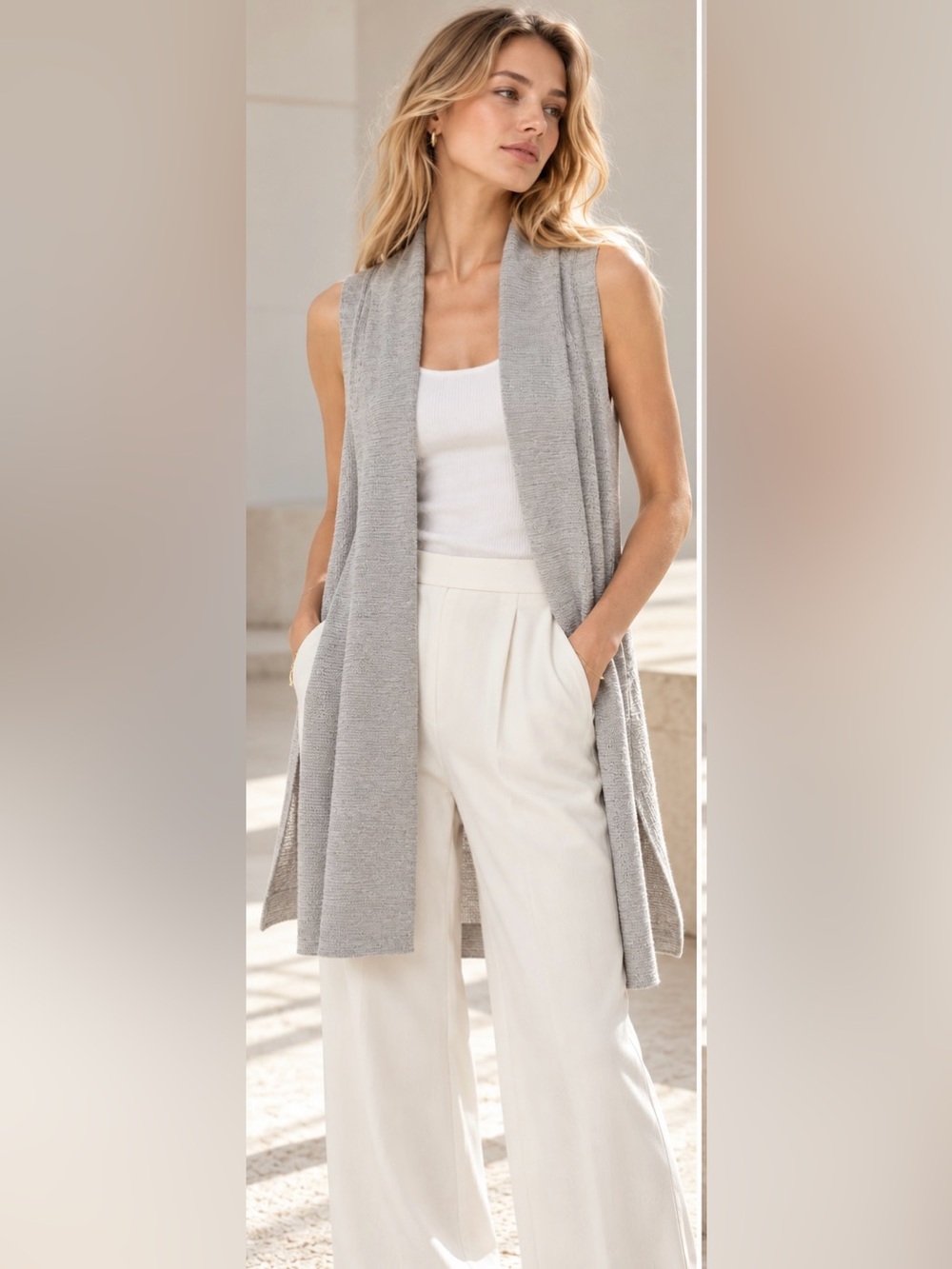Cyrus Gray Longline Sleeveless Cardigan Vest S Quiet Luxury Minimalist Office